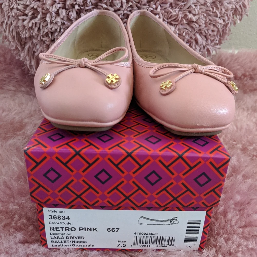 Tory Burch Pink Ballet Flats with Bow and Logo Charm